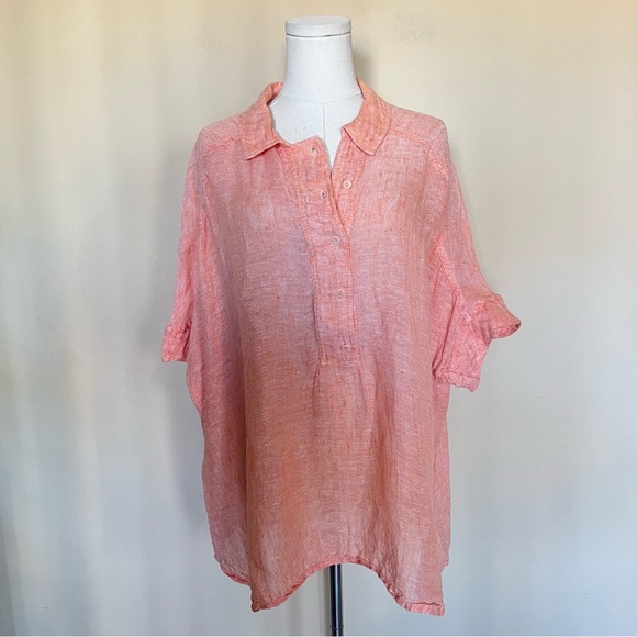 FLAX 100% Linen Oversized Tunic Top Peach Coral Button Front Boho Boxy - Picture 2 of 7